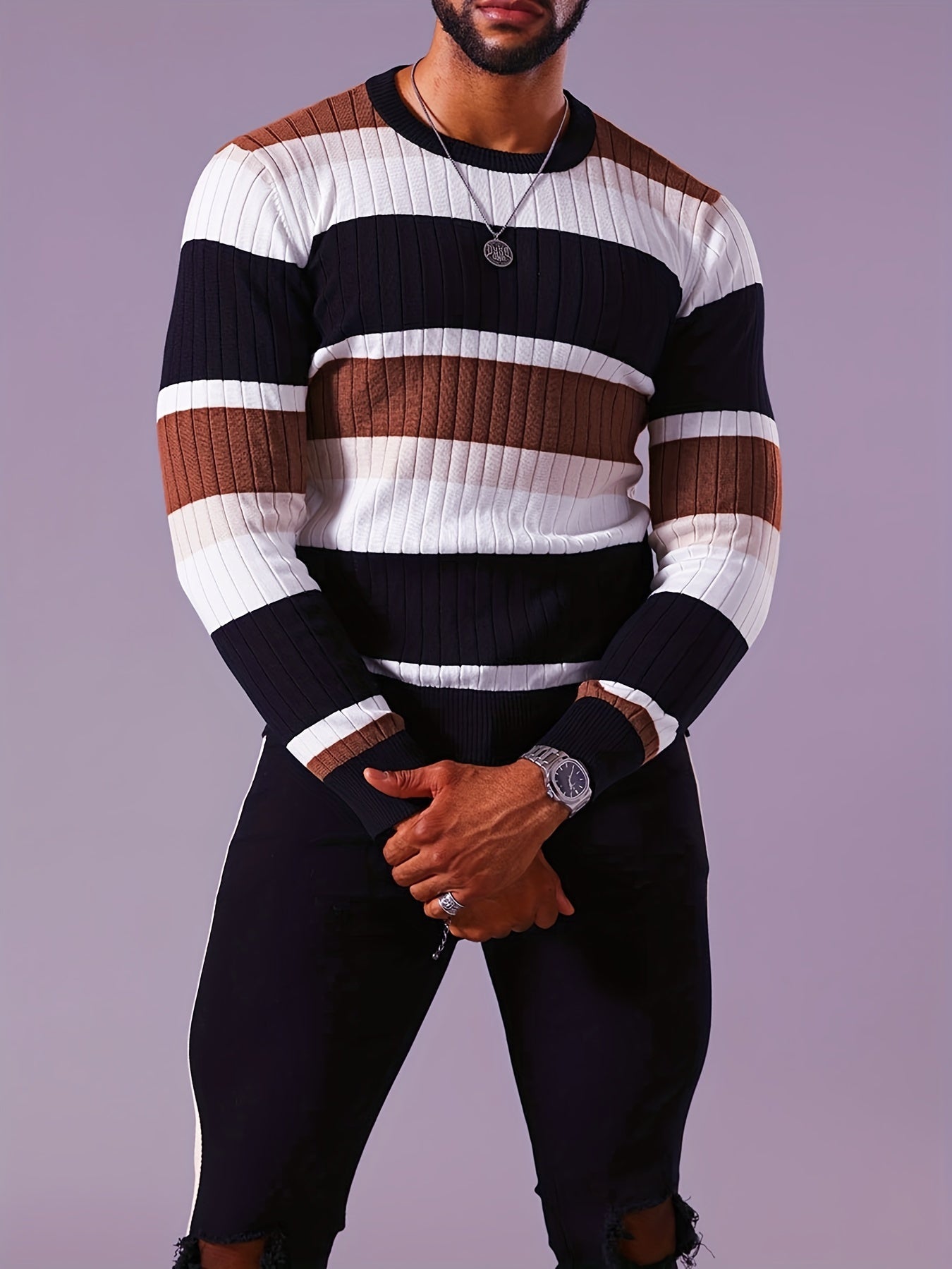 Pull rayé en tricot côtelé pour homme – Pull Color Block Automne Hiver