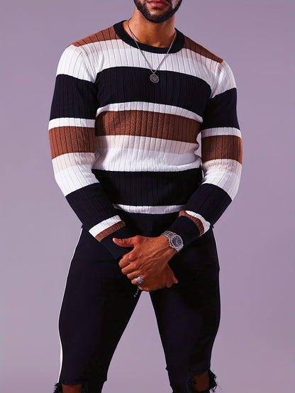Pull rayé en tricot côtelé pour homme – Pull Color Block Automne Hiver