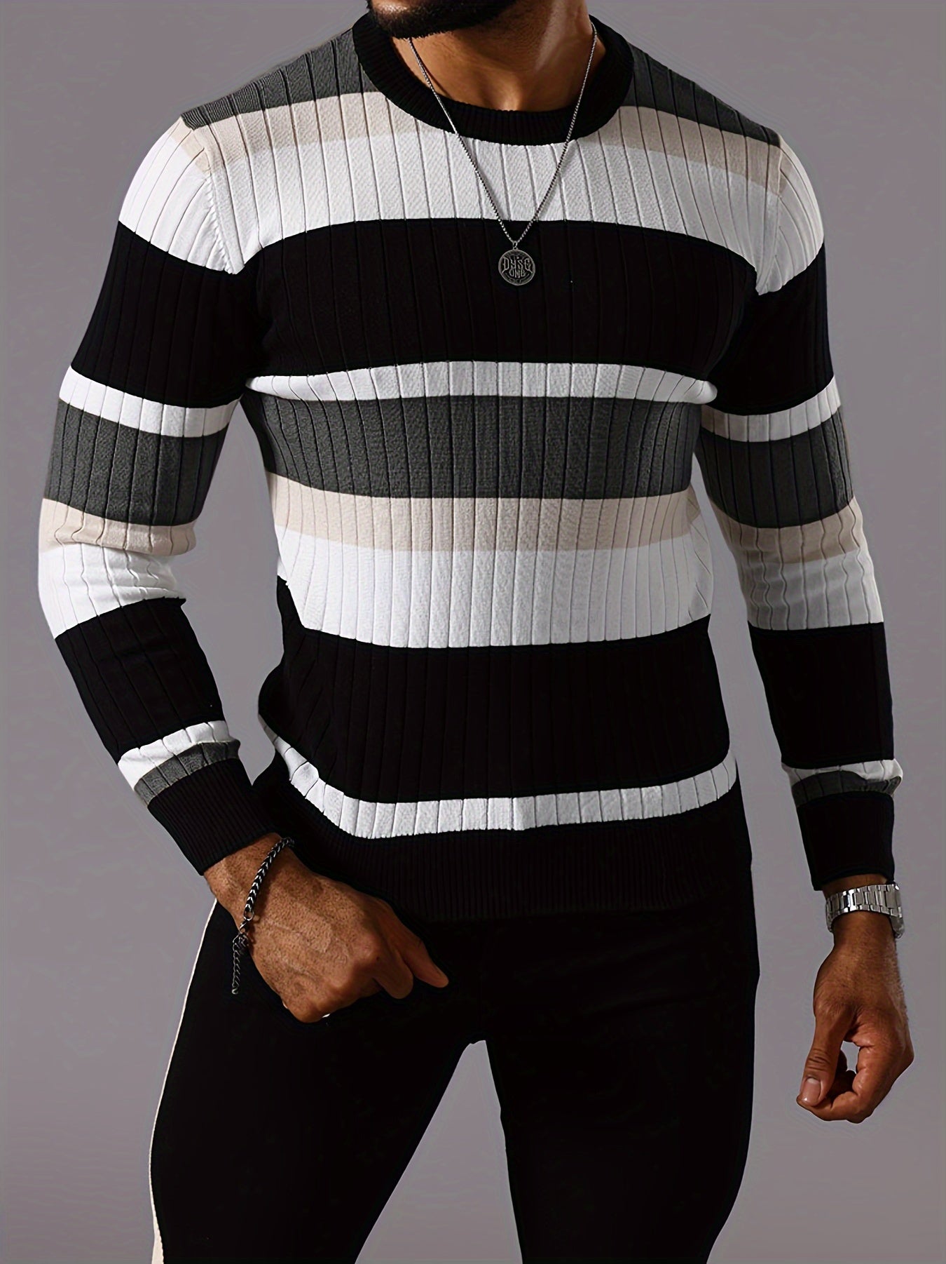 Pull rayé en tricot côtelé pour homme – Pull Color Block Automne Hiver