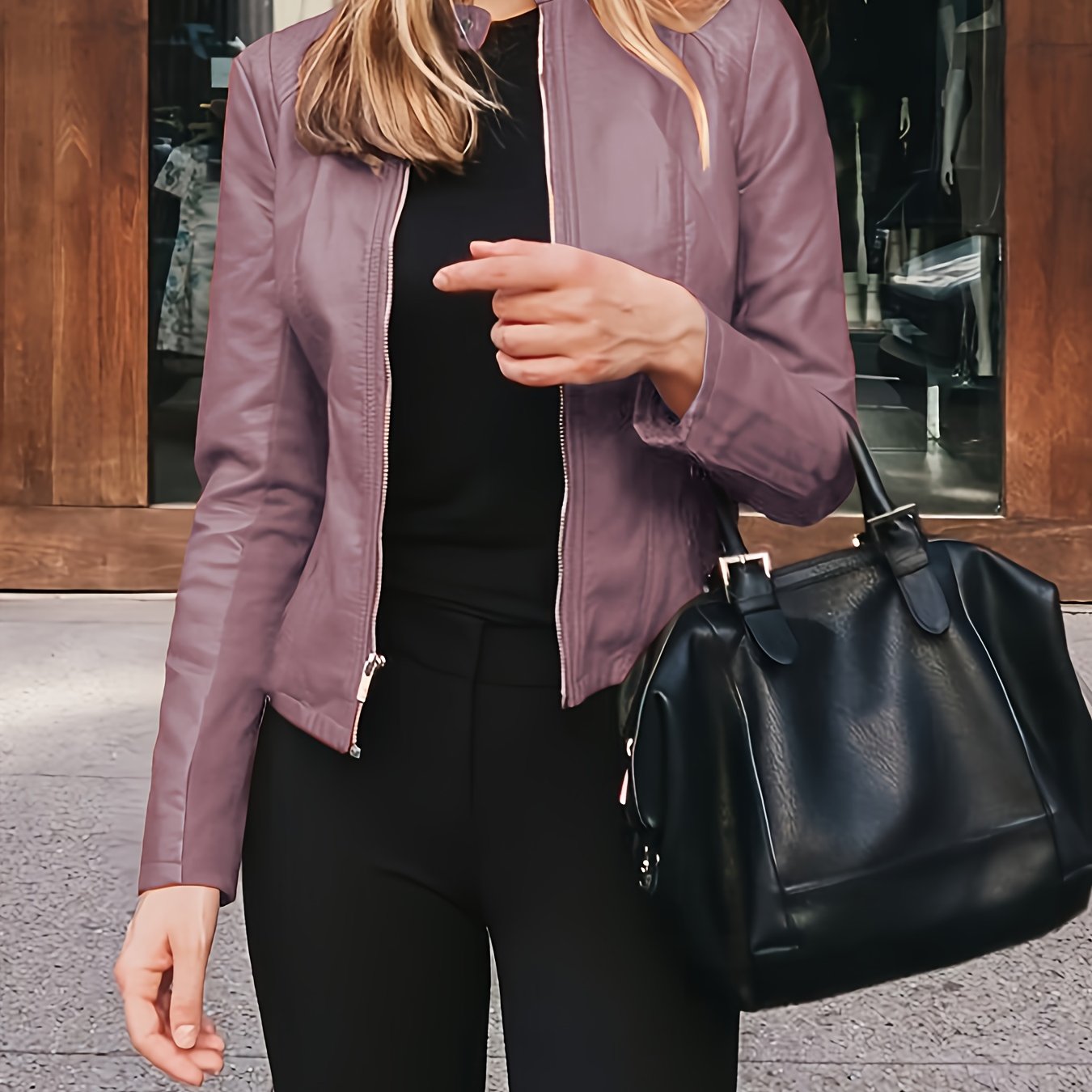 Chaqueta estilo motera de piel sintética – Corte entallado con cremallera