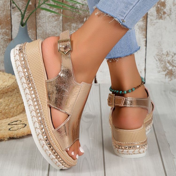 Loom & Soul™ Sandalias de cuña brillantes – Sandalias de mujer con boca de pescado hueca y hebilla