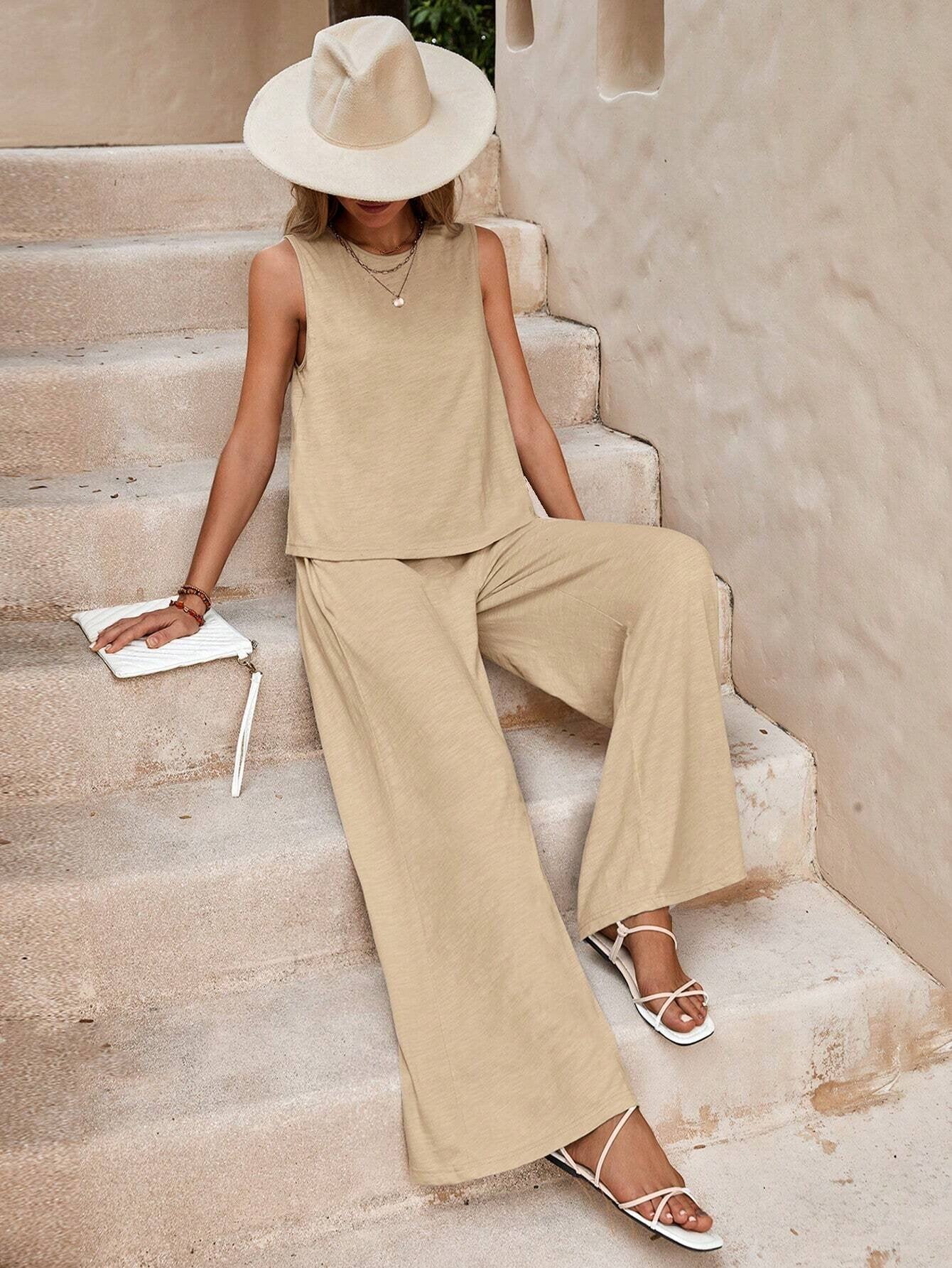 Conjunto de lino de dos piezas para mujer – Top sin mangas y pantalón holgado