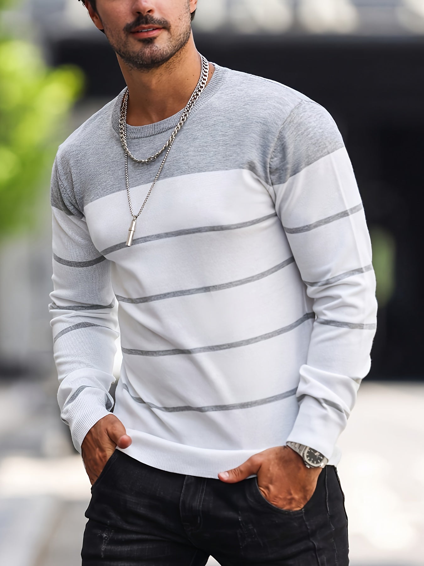 Suéter de punto a rayas azul marino para hombre – Sudadera informal de cuello redondo