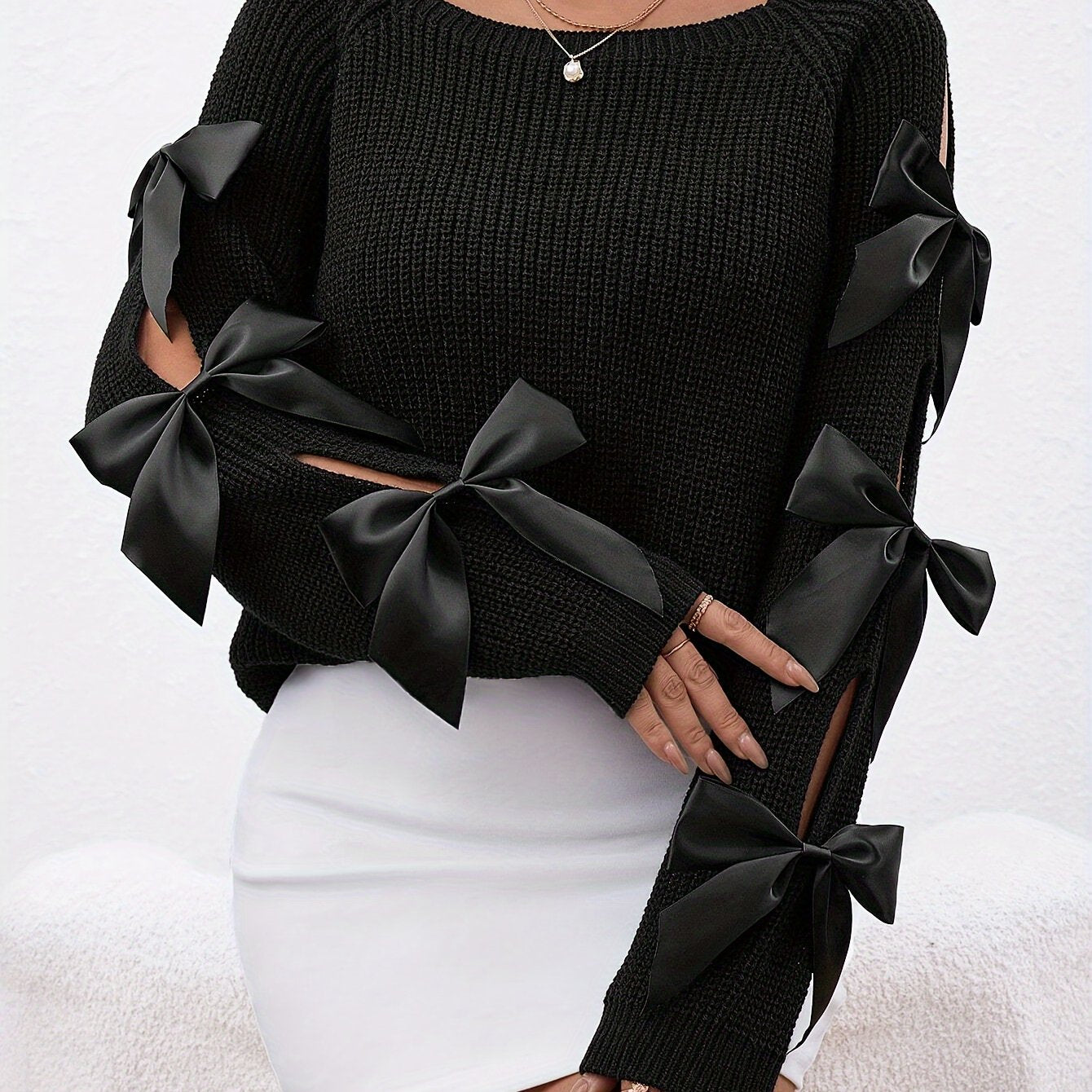 Bow-Knot Hollow Sleeve Sweater – Elegant Crew Neck Women’s Knit Top
