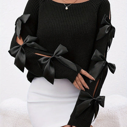 Bow-Knot Hollow Sleeve Sweater – Elegant Crew Neck Women’s Knit Top