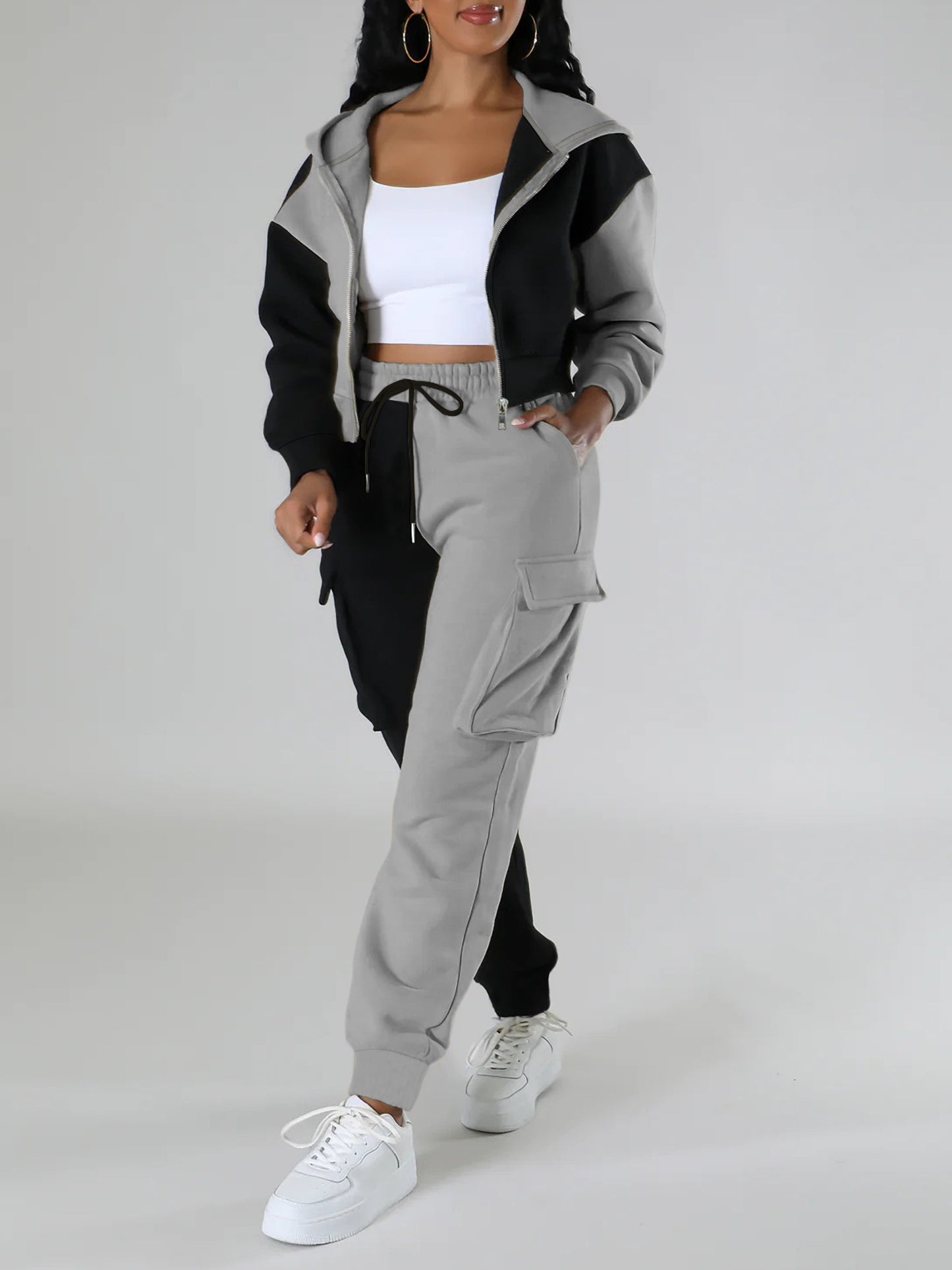 Colorblock Hooded Jacket & Cargo Pants Set – Women’s Zip-Up Two-Piece