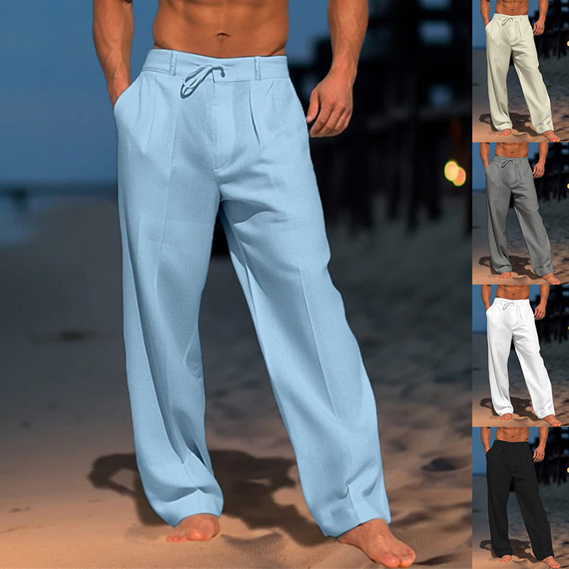 Pantalones de pierna ancha con cordón para hombre – Pantalones rectos casuales de algodón