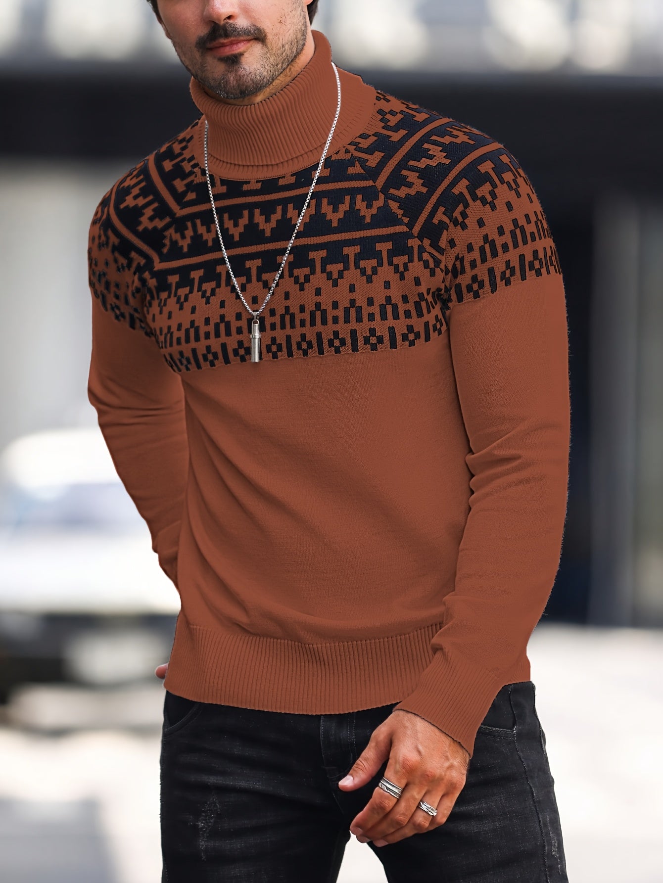 Men’s Geometric Turtleneck Sweater – Casual Knit Pullover for Fall & Winter