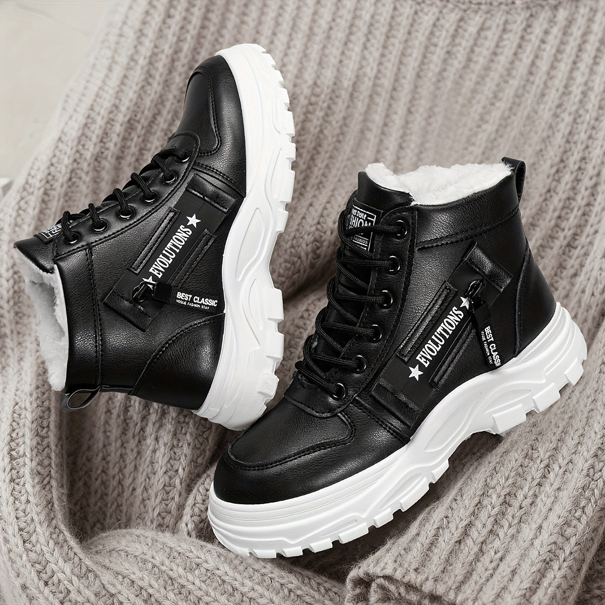 Botas de plataforma de invierno para mujer - Zapatos de invierno cálidos, casuales, con cordones y antideslizantes