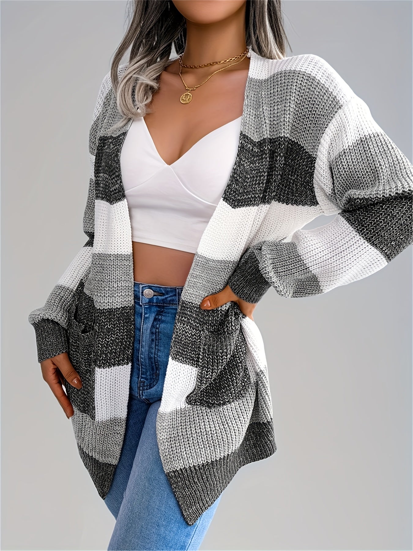 Women’s Color block Striped Cardigan – Puff Sleeve Winter Knit Sweater
