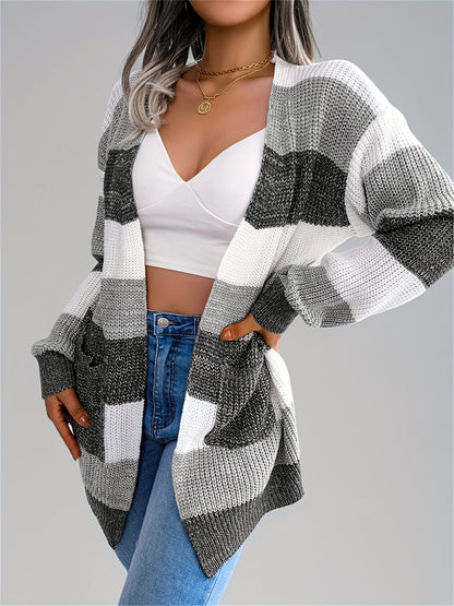 Women’s Color block Striped Cardigan – Puff Sleeve Winter Knit Sweater
