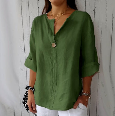Loom & Soul™ Top de botones con cuello en V de algodón y lino para mujer – Blusa suelta de manga larga