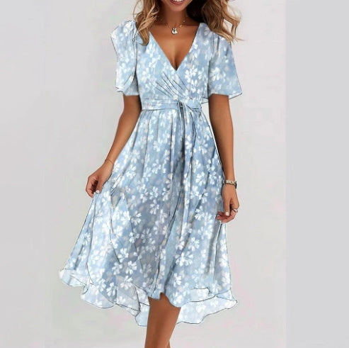 Loom & Soul™ Vestido floral de chifón – Vestido midi elegante de verano con cuello en V y manga corta para mujer