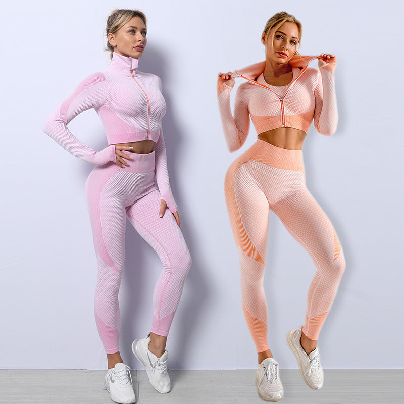 Conjunto de yoga sin costuras de 3 piezas Loom & Soul para mujer – Sujetador deportivo, top corto y leggings, conjunto de gimnasio de secado rápido