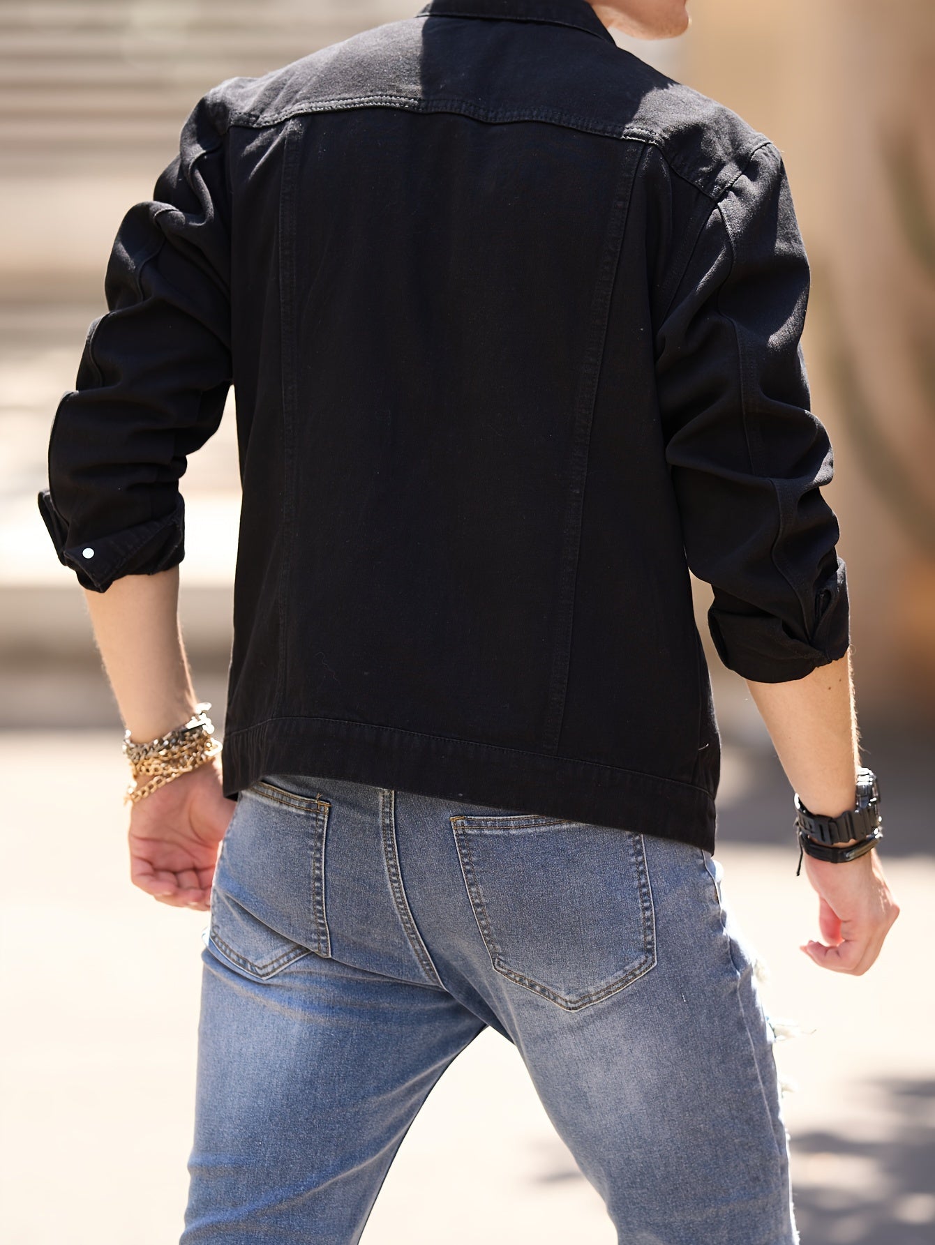Chaqueta de mezclilla negra de corte ajustado para hombre – Estilo Moto con bolsillos