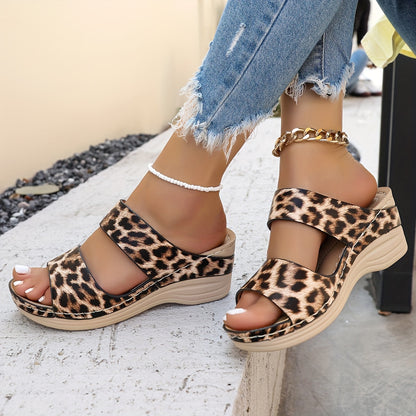 Sandalias de cuña con estampado de leopardo – Zapatos de verano de plataforma con puntera abierta