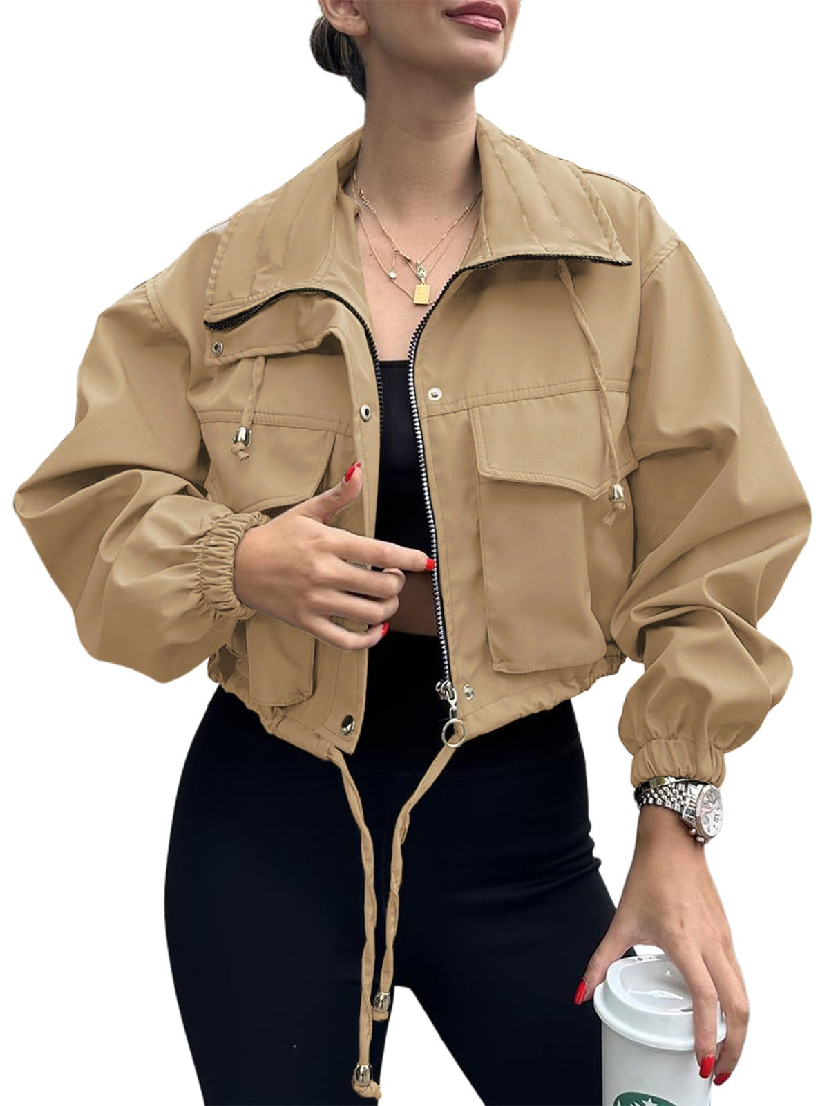 Chaqueta Trench Corta con Cremallera para Mujer – Estilo Urbano de Color Liso