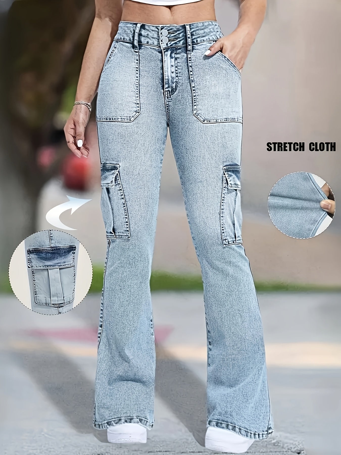 Vaqueros cargo vaqueros multibolso para mujer – Pantalones de trabajo ajustados tipo campana