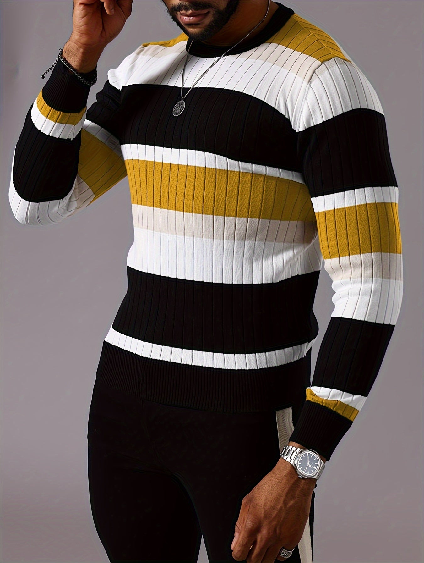 Pull rayé en tricot côtelé pour homme – Pull Color Block Automne Hiver