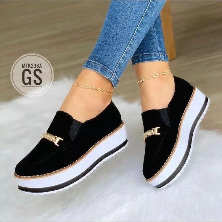 Loom & Soul™ Zapatillas sin Cordones con Plataforma para Mujer – Planas de Cuero Sintético Casuales con Suela Cómoda de Cuña Baja