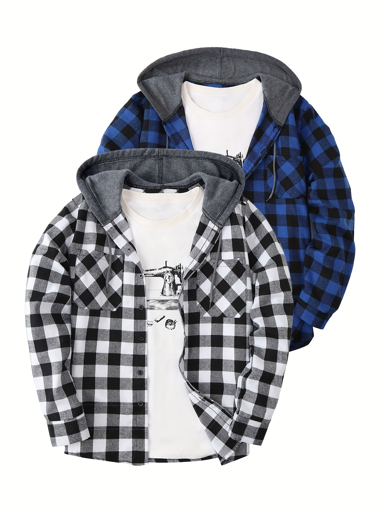 Camisas a cuadros con capucha para hombre, 2 piezas – Conjunto de chaqueta tipo suéter con botones