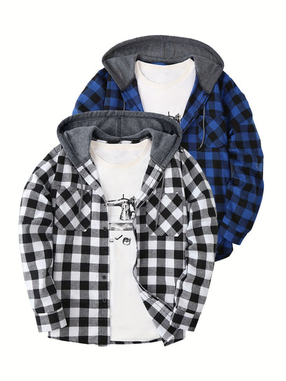 Camisas a cuadros con capucha para hombre, 2 piezas – Conjunto de chaqueta tipo suéter con botones