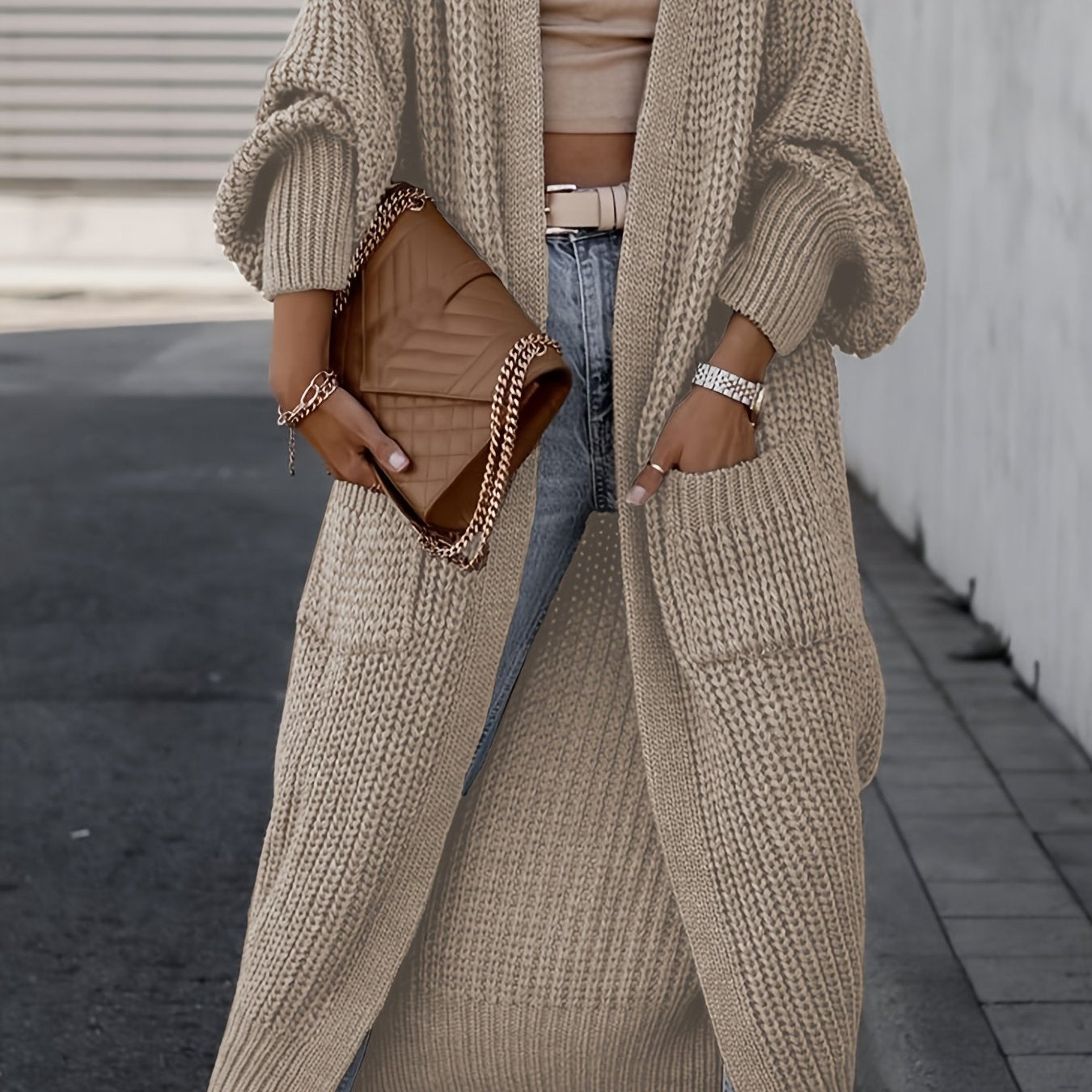 Elegante cárdigan acanalado con cuello en V profundo – Suéter de punto de otoño/invierno para mujer