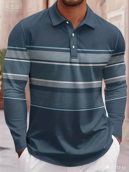 Polo de manga larga a rayas azules y blancas para hombre – Estilo casual y preppy