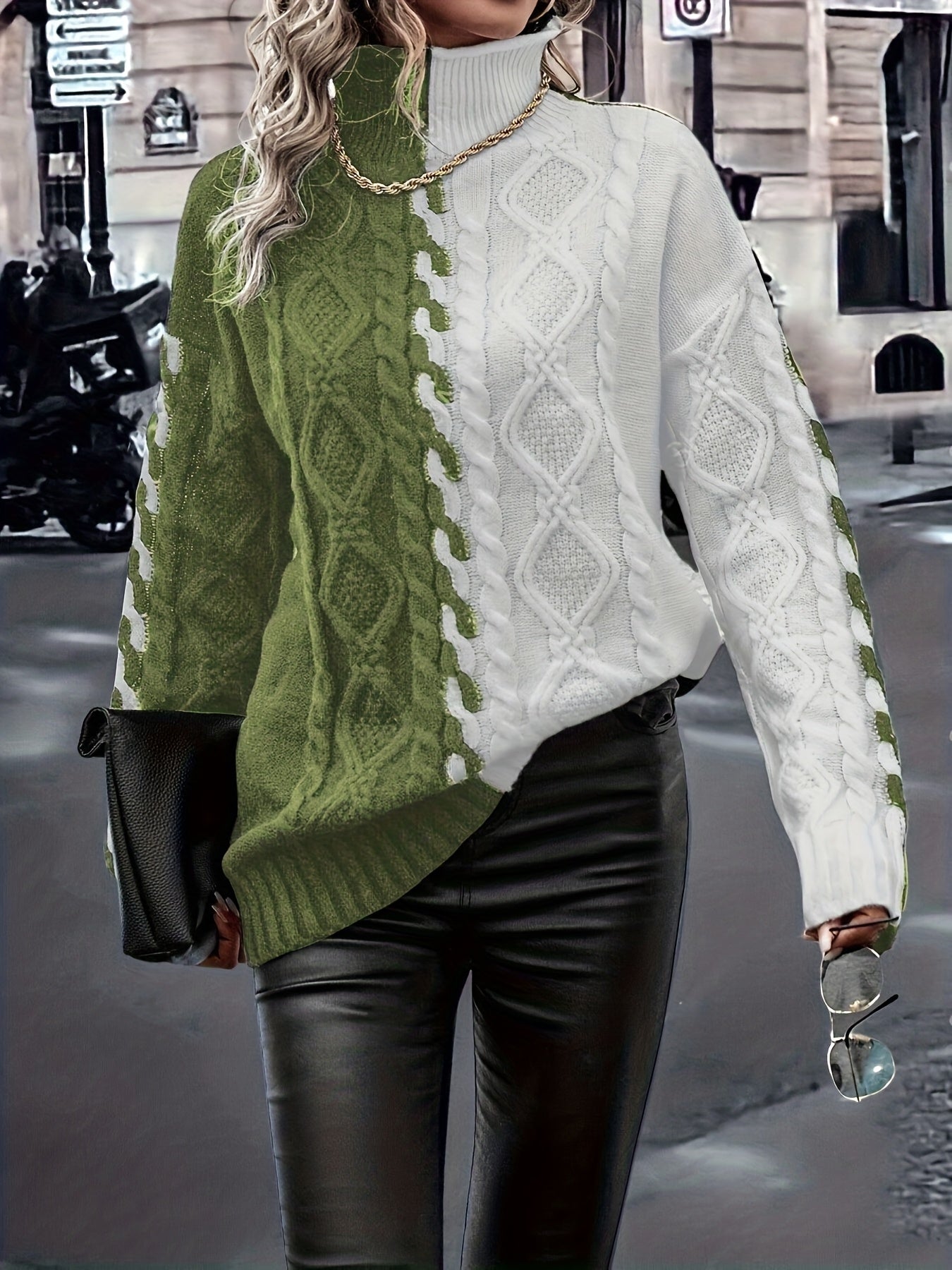 Blusa Elegante de Rayas con Cuello Alto – Top de Manga Larga de Punto Color Block