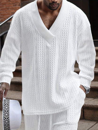 Suéter de punto con cuello en V para hombre – Jersey casual de jacquard acanalado