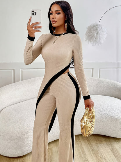 Conjunto elegante asimétrico de mono para mujer - Top de cuello redondo y pantalón acampanado