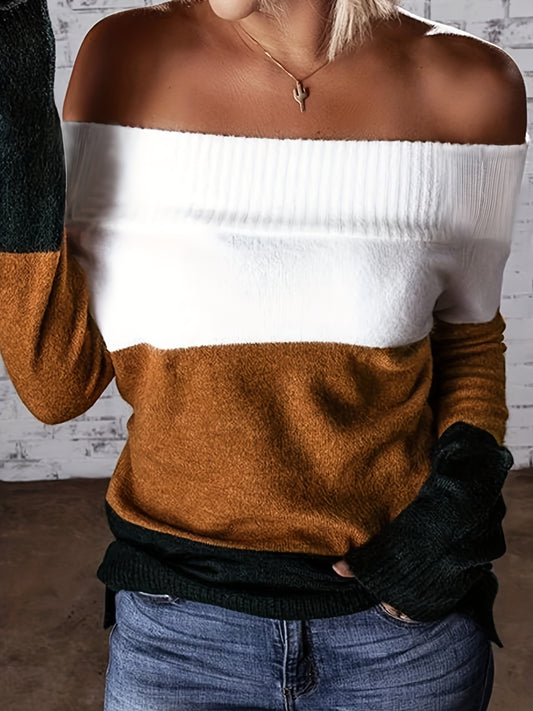 Suéter para mujer con hombros descubiertos y bloques de color – Pulóver de punto elegante para otoño