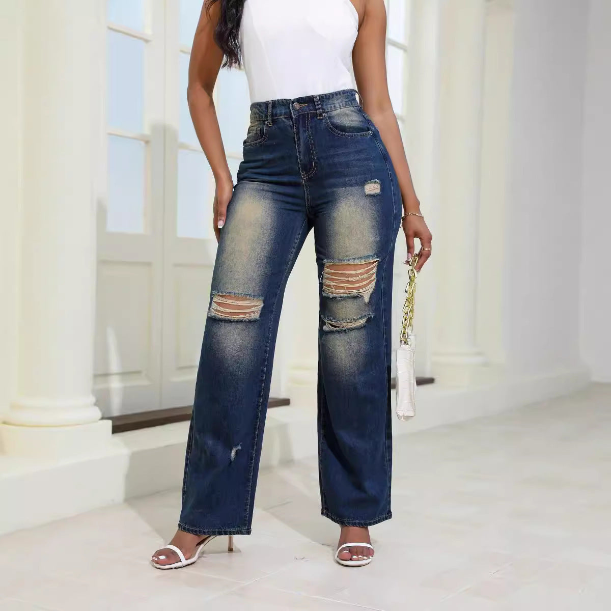 Loom & Soul™ Jeans de pierna ancha rasgados de talle alto – Pantalones de mezclilla rectos ajustados para mujer