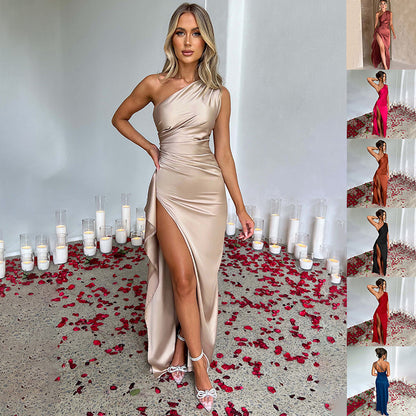 Vestido con abertura de un solo hombro de satén Loom & Soul™ – Vestido de fiesta de verano elegante sin espalda para mujer