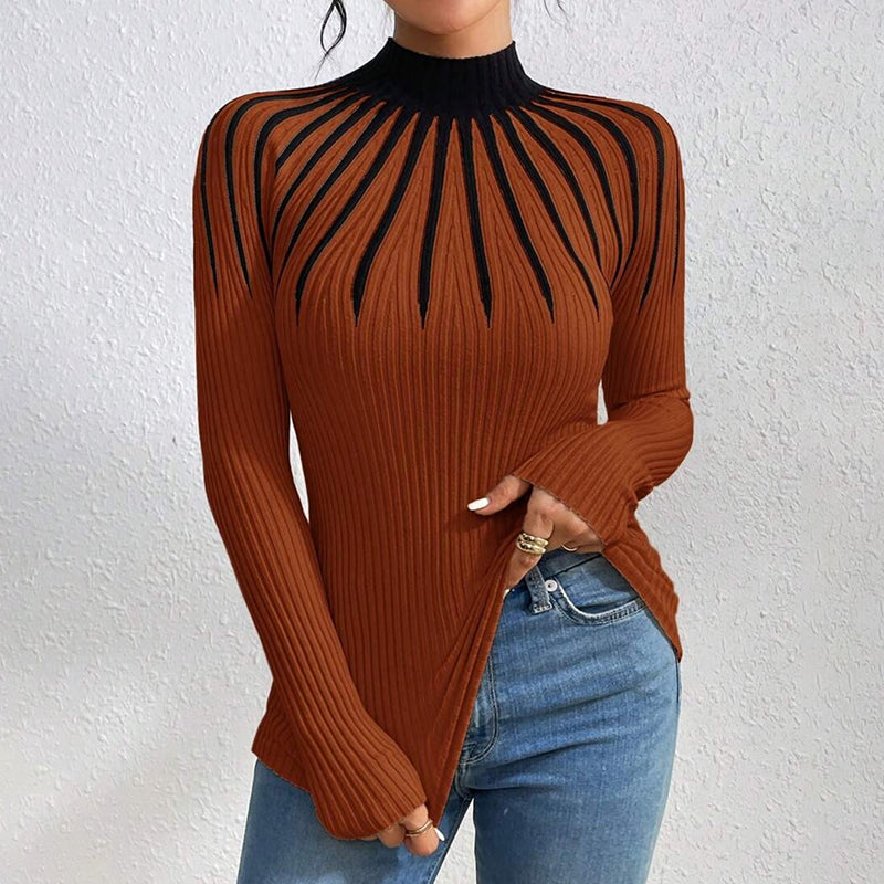 Suéter de punto de cuello alto ajustado para mujer – Manga larga a rayas acanalado