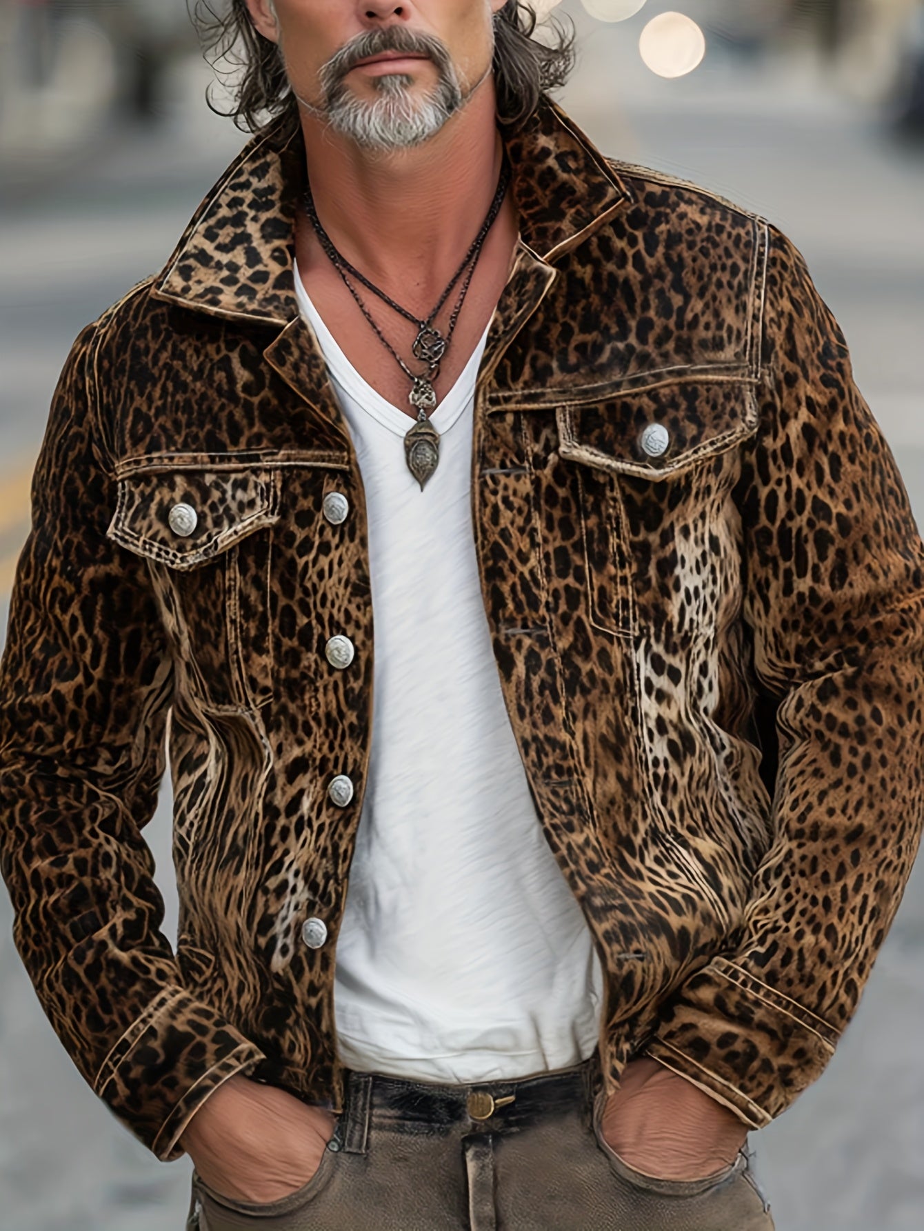 Chaqueta vaquera con estampado de leopardo – Prenda de trabajo holgada de lujo