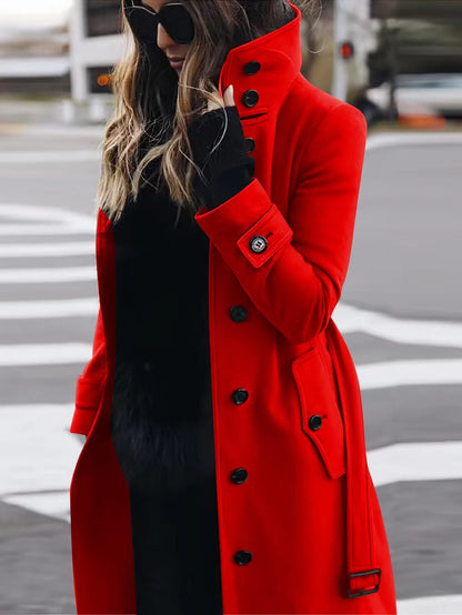 Abrigo de lana con cuello levantado Loom & Soul™ – Cárdigan de invierno ajustado para mujer con diseño de botonadura simple