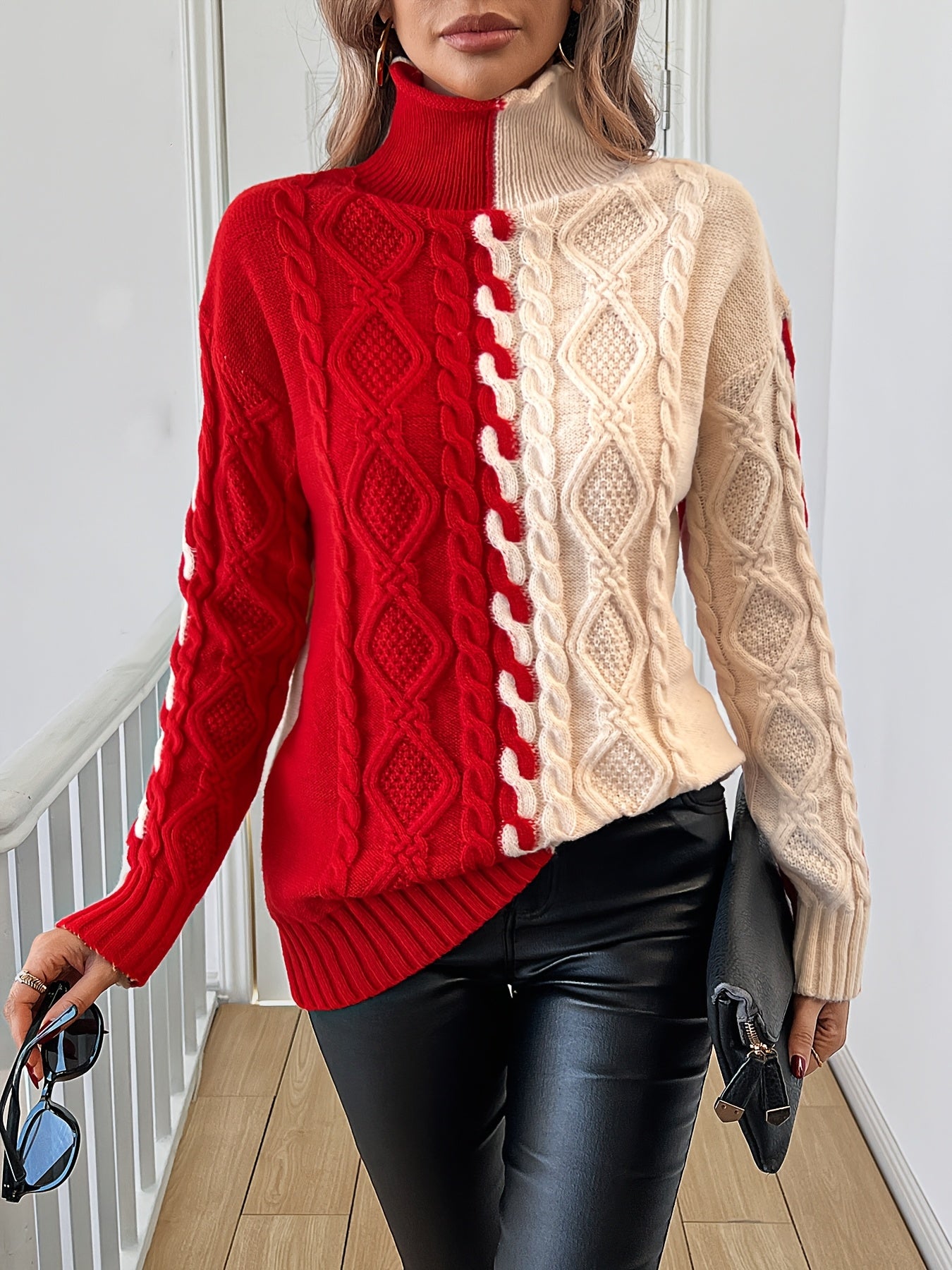 Blusa Elegante de Rayas con Cuello Alto – Top de Manga Larga de Punto Color Block