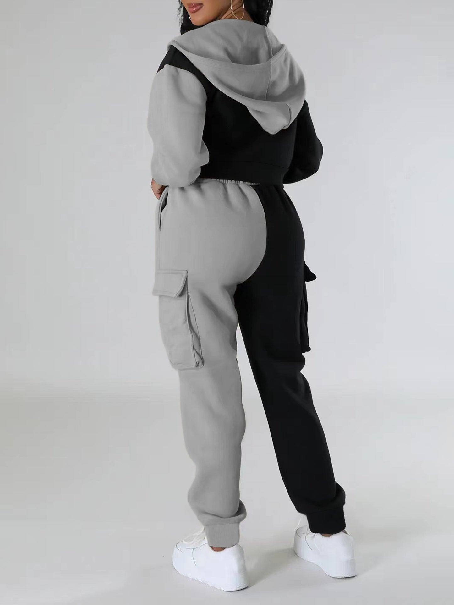 Colorblock Hooded Jacket & Cargo Pants Set – Women’s Zip-Up Two-Piece