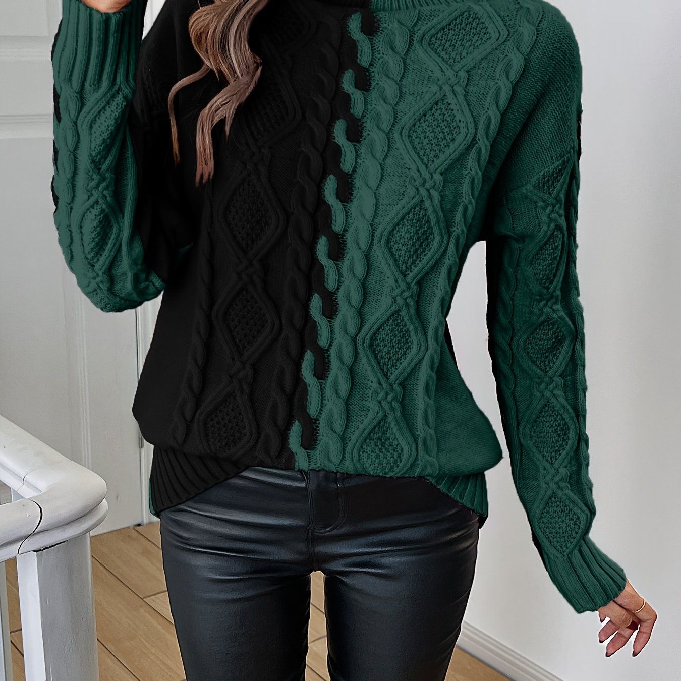 Blusa Elegante de Rayas con Cuello Alto – Top de Manga Larga de Punto Color Block