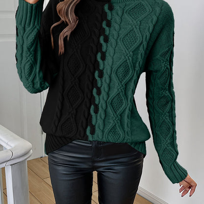 Blusa Elegante de Rayas con Cuello Alto – Top de Manga Larga de Punto Color Block