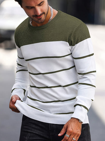 Suéter de punto a rayas azul marino para hombre – Sudadera informal de cuello redondo