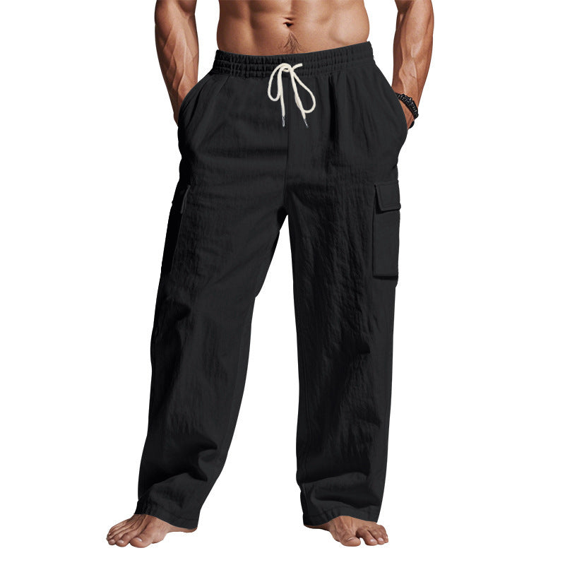 Loom & Soul™ Pantalones cargo de lino para hombre – Pantalones de trabajo transpirables de pernera recta con múltiples bolsillos