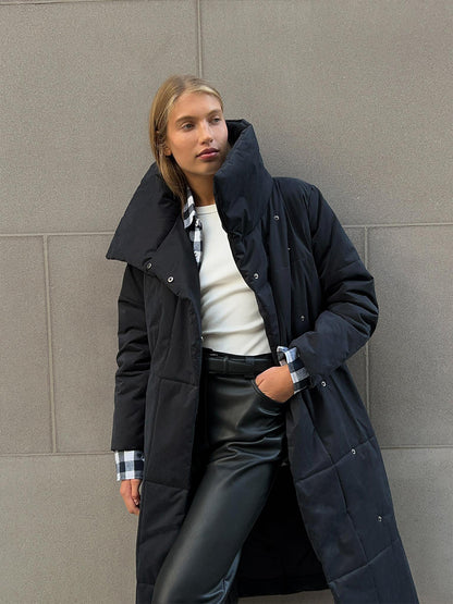 Abrigo de invierno con solapa grande para mujer Loom & Soul™ – Chaqueta larga acolchada de algodón cálido con cinturón y bolsillos