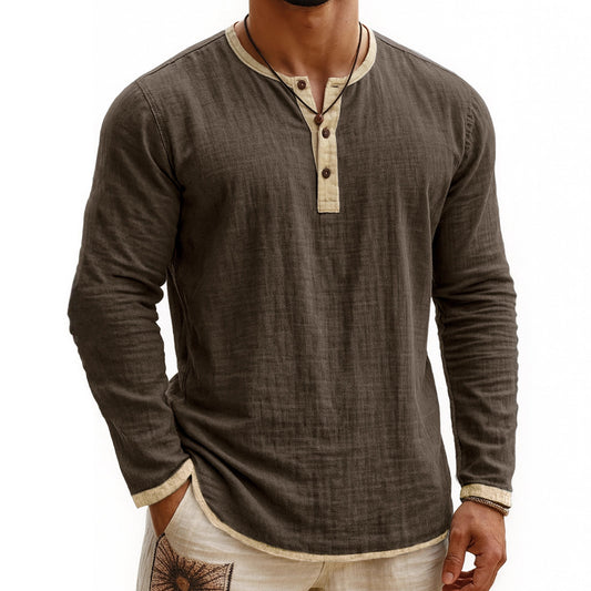 Men’s Two-Tone Digital Print Henley Shirt – 3 Button Slim Fit Long Sleeve