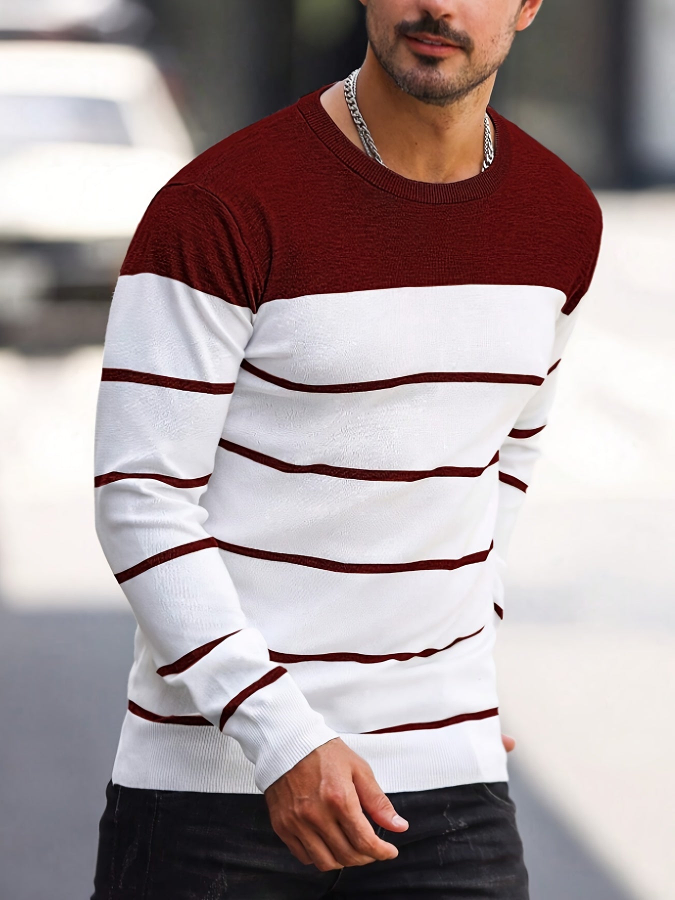 Suéter de punto a rayas azul marino para hombre – Sudadera informal de cuello redondo