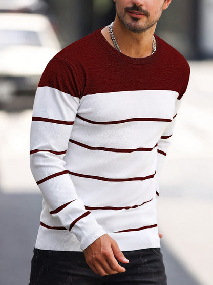 Suéter de punto a rayas azul marino para hombre – Sudadera informal de cuello redondo