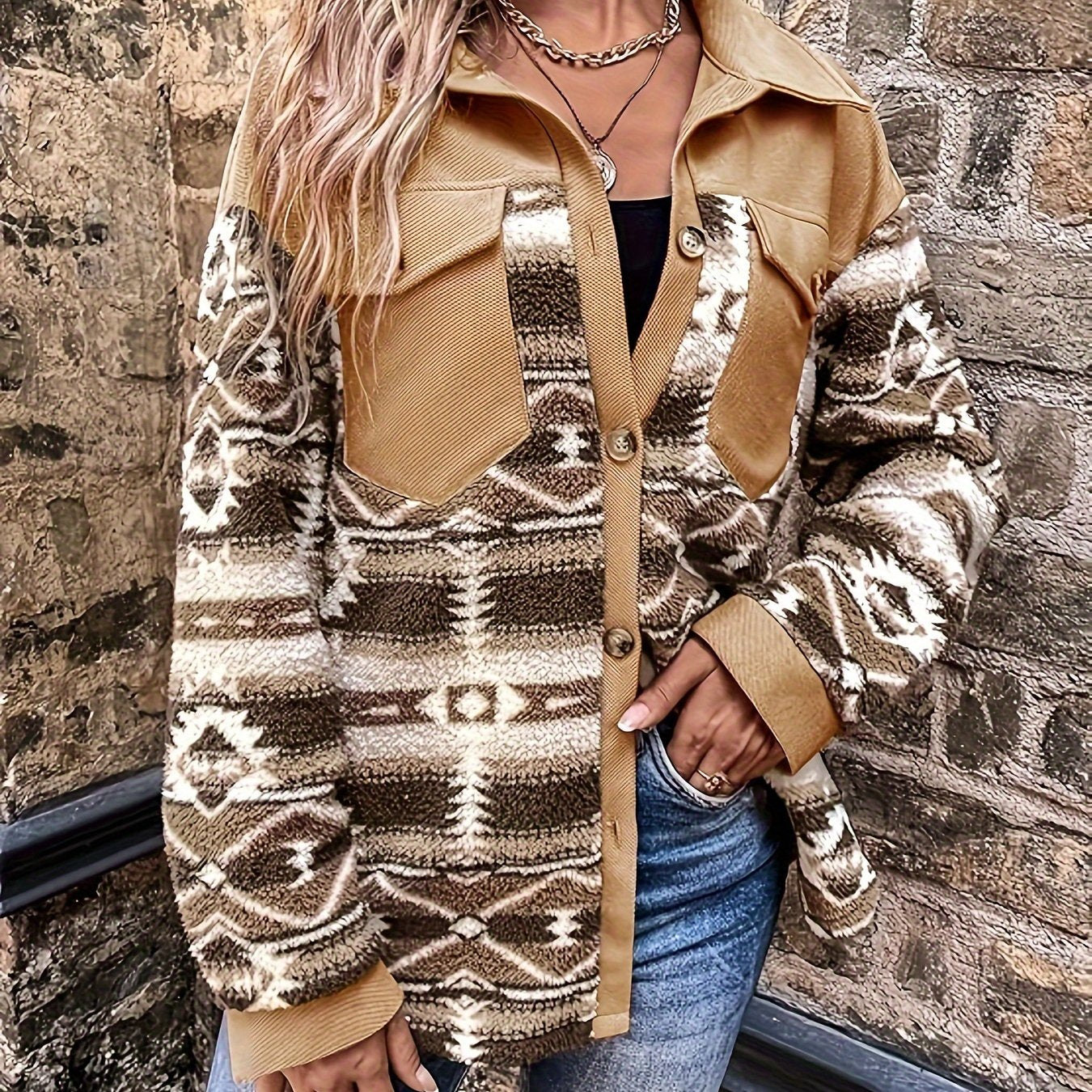 Chaqueta polar geométrica para mujer – Abrigo de invierno cálido con bloques de color