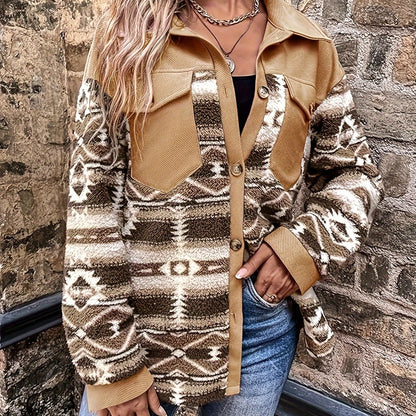 Chaqueta polar geométrica para mujer – Abrigo de invierno cálido con bloques de color