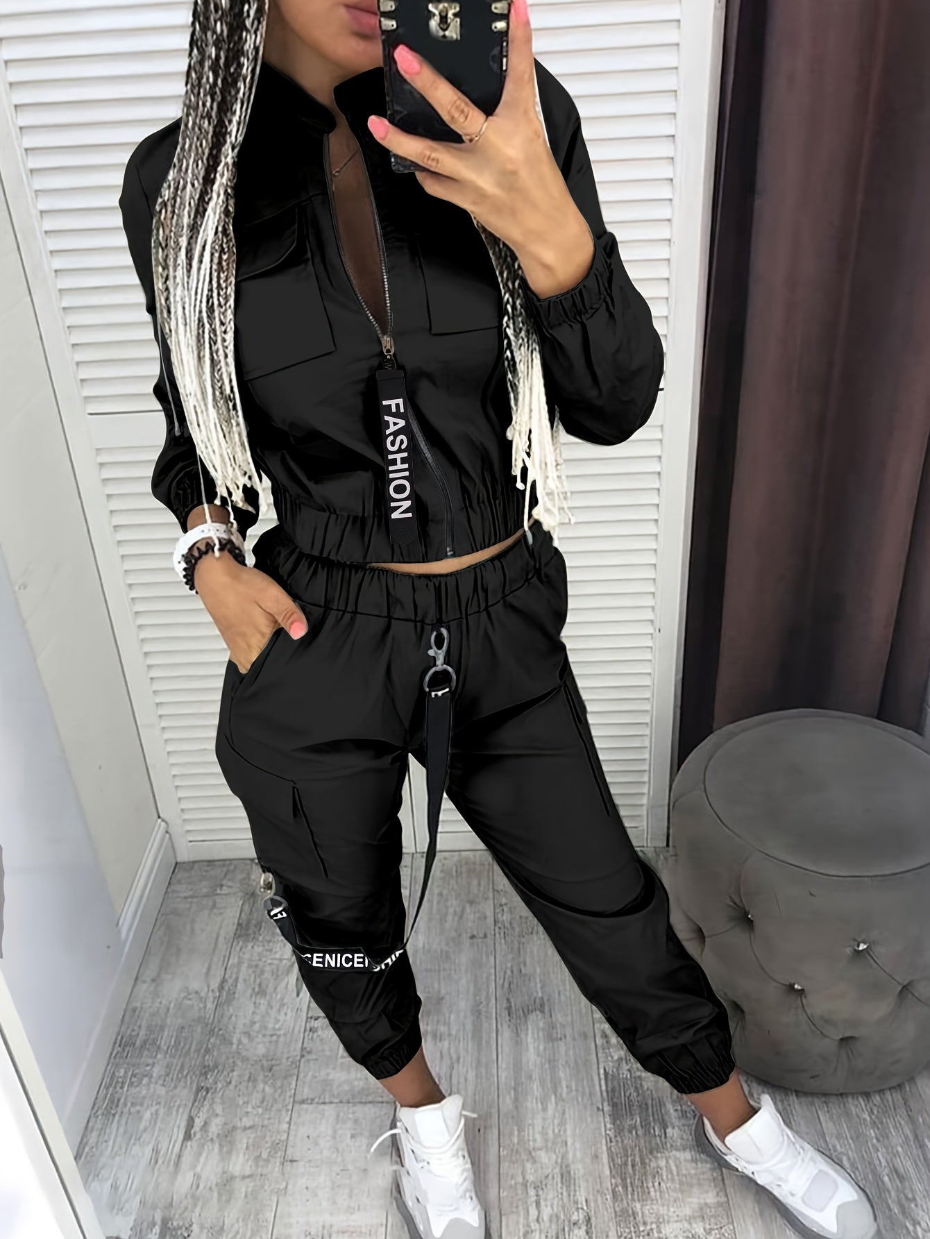 Conjunto de dos piezas con cremallera y diseño direccional – Ropa urbana informal para mujer